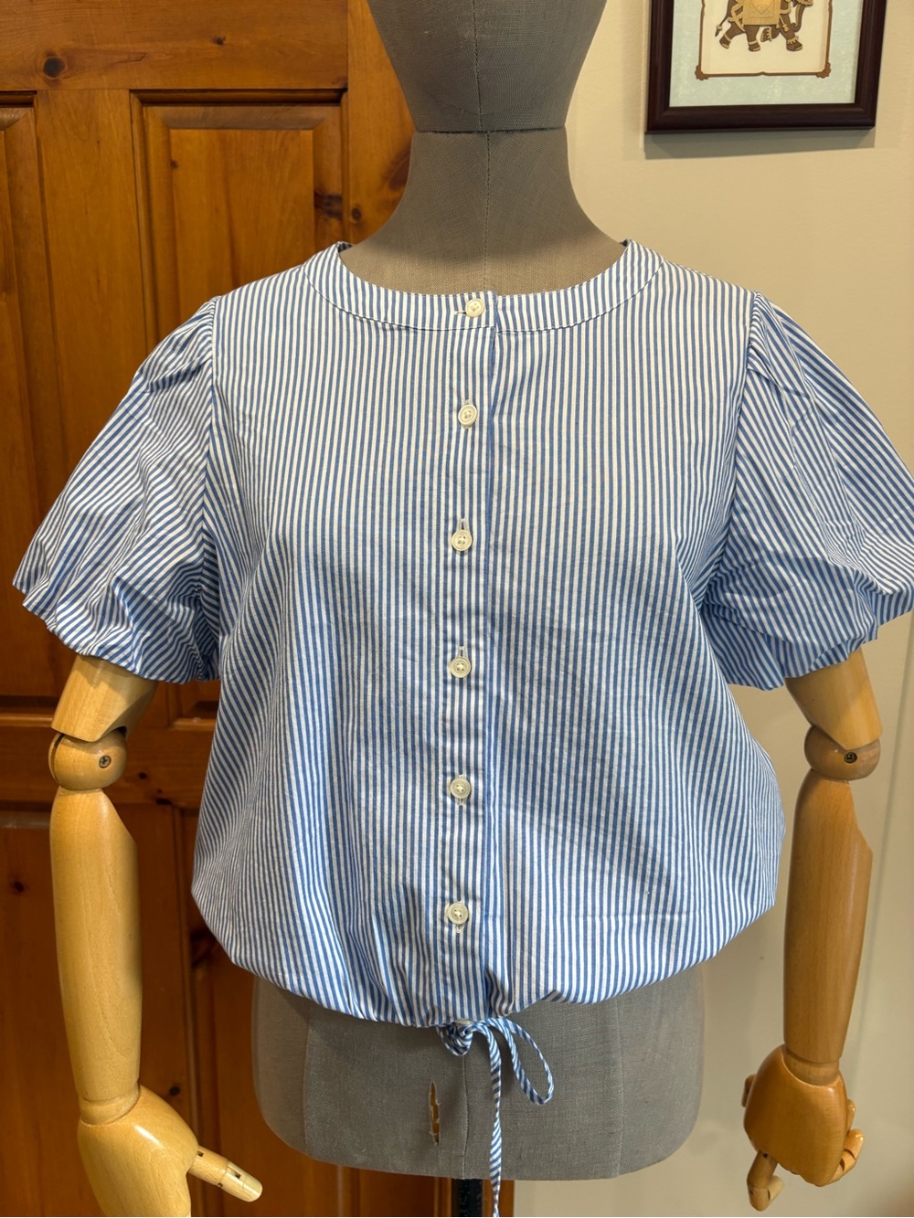 J. Crew Factory Blue and White Striped Button-Front Tie-Hem Top, size M, cotton